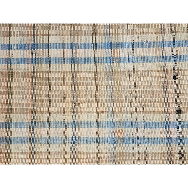 Vintage American Rag Runner, Handwoven Wool & Cotton, Stripe Pattern, Tan & Blue, 3x16 For Sale - Image 14 of 15