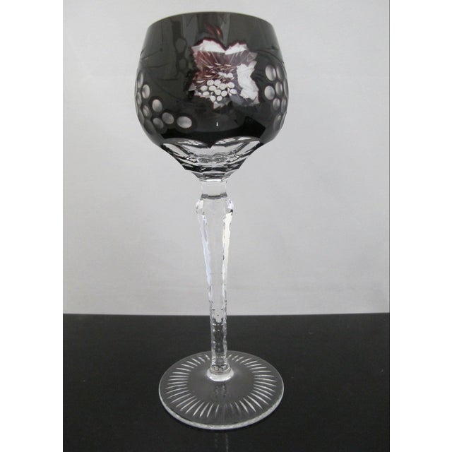 Bohemian Cobalt Blue & Red Grape Cut Crystal 8 1/2" Hock Wine Glass Pair For Sale In Portland, OR - Image 6 of 15