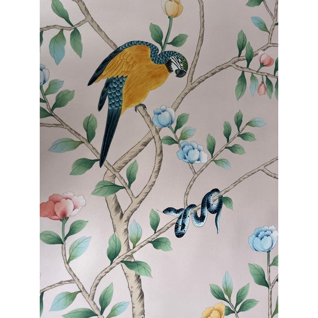 Hand Painted Blush Pink Tropical Chinoiserie Wildlife Floral Mural 8-Panel Set For Sale - Image 4 of 9