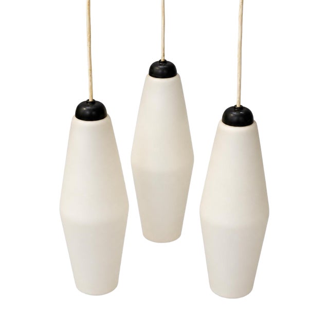 Vintage Pendant Lamp in Matte White Glass with Black Shade, Set of 3 For Sale