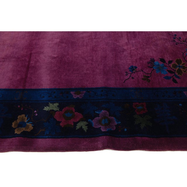 Antique Chinese Art Deco Rug Vibrant Plum & Navy Wool 9x12 For Sale - Image 10 of 11
