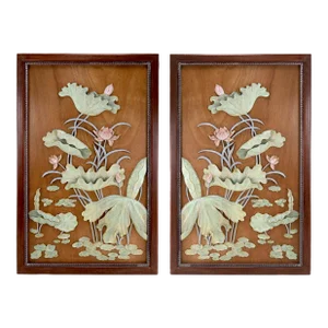 A Pair of Vintage Private Collection Mahogany Frame Woodcarving Pond Lotus Wall Screens