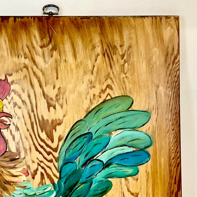 Wood 1970s Mid-Century Farmhouse Chic Original Acrylic Painting, Chicken on Pine Wood For Sale - Image 7 of 14