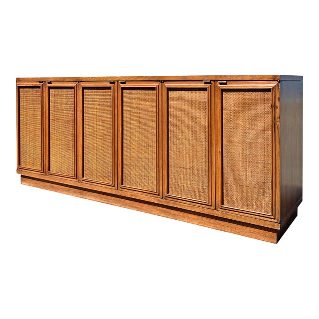 Vintage Mid Century Modern Cane Front Credenza Cabinet For Sale