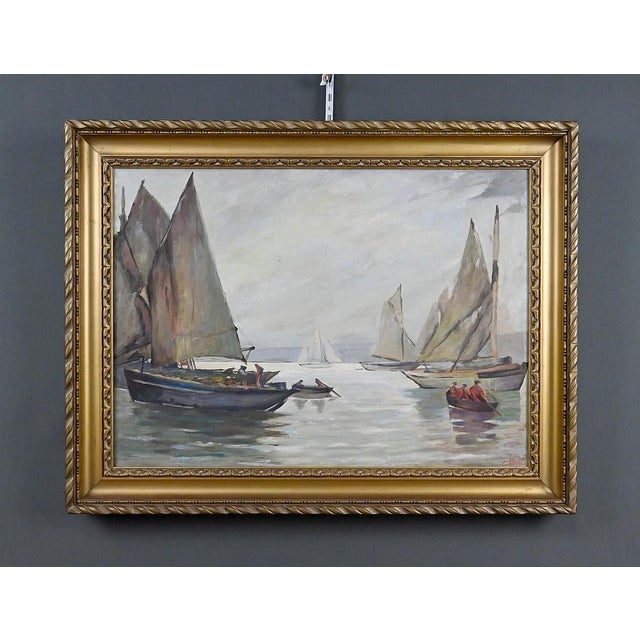 1920s Bustad, Painting Sailboats on a Calm Sea, 1928, Oil on Canvas For Sale - Image 5 of 15
