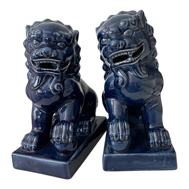 Pair of Vintage Cobalt Blue Ceramic Chinese Foo Dogs For Sale