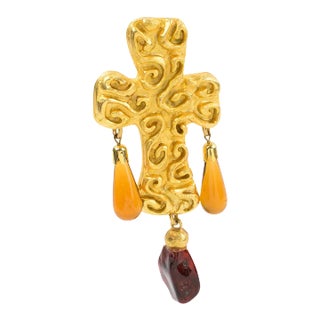 Edouard Rambaud Byzantine Dangle Cross Pin Brooch Amber Resin Drop For Sale