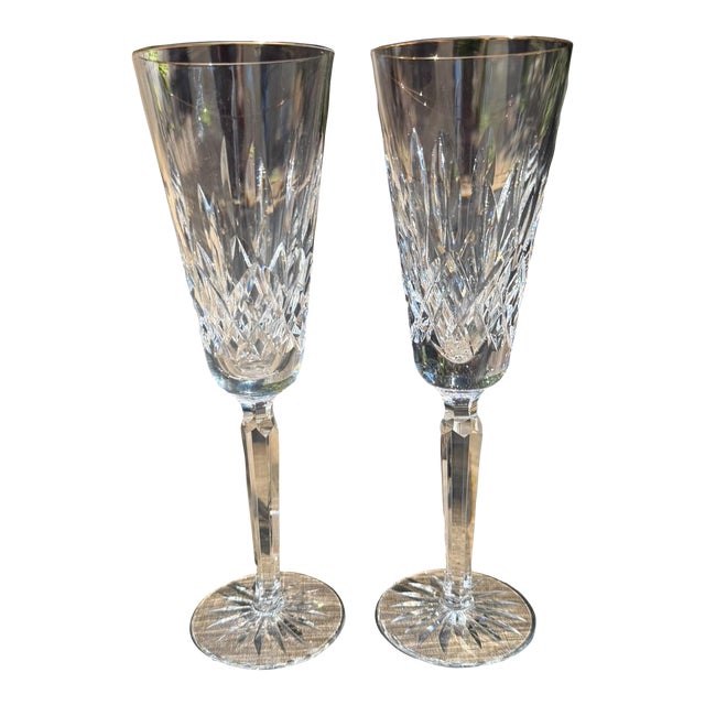 Late 20th Century Waterford Golden Lismore Tall Champagne Flutes 8.75" Gold Rim Signed Set of 2 For Sale