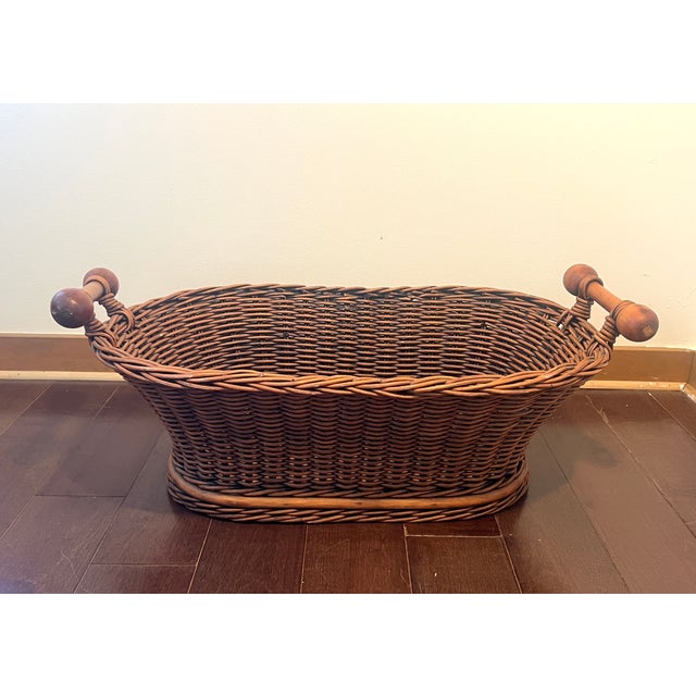 Farmhouse Vintage Woven Wicker Basket With Turned Wood Handles & Wood Slatted Base For Sale - Image 3 of 14