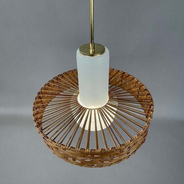 Rattan and Frosted Glass Pendant attributed to Doria, Germany, 1960s For Sale - Image 13 of 17