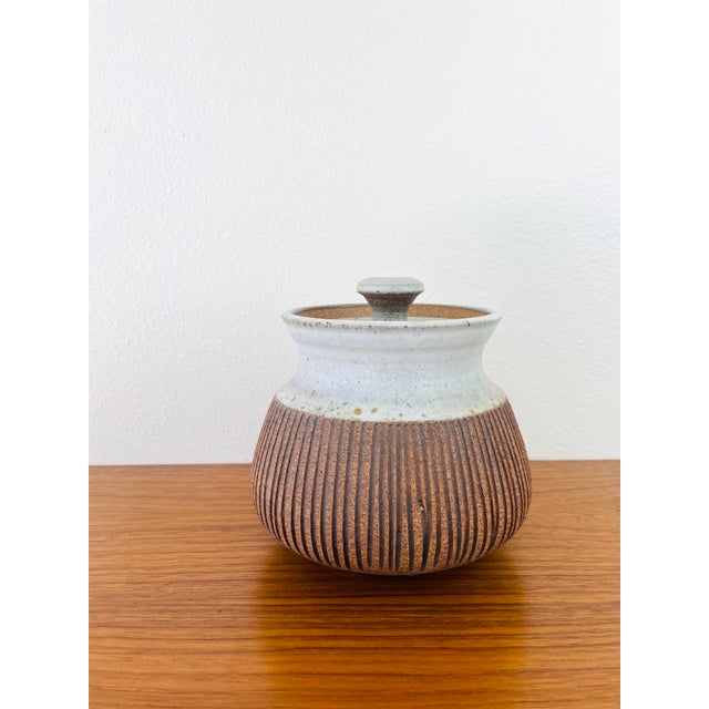 Vintage 1970s Handmade Stoneware Lidded Vessel made of a stoneware type material handmade earthy terracotta & cream color...