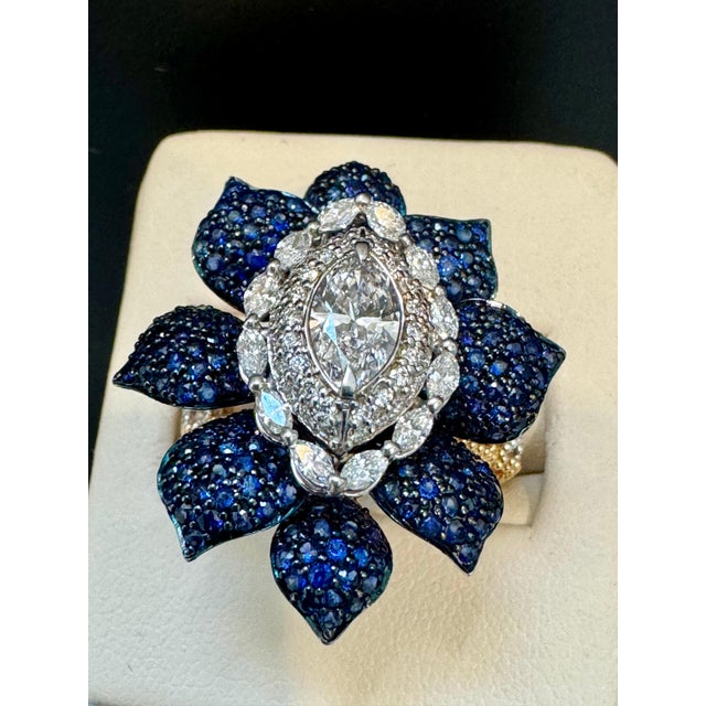 3 Ct Blue Sapphire & 1.5 Ct Diamond Flower Ring in 18 Kt Two Tone Gold Size7 For Sale - Image 11 of 18