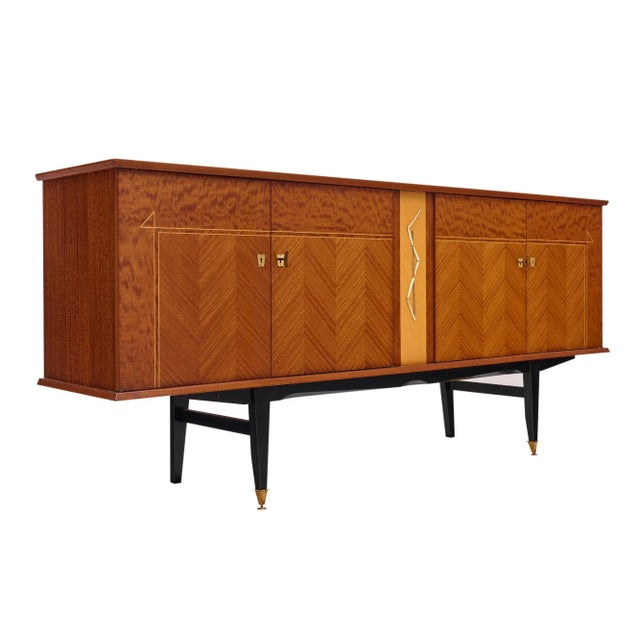 Mid-Century style buffet from France made with an alternating rosewood parquetry and burled rosewood veneer on the façade....