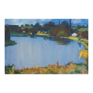 Ukrainian Impressionism River Oil Painting, 1980s Landscape Art 80-120 For Sale