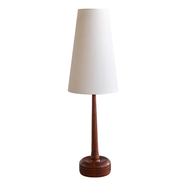 Tall Table Lamp in Teak Wood with Cone Shade from Tranås Stilarmatur, Sweden, 1960s For Sale