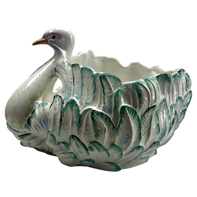 1930s Large Hand-Painted Majolica Swan Jardinière, Italy, 1930s For Sale - Image 5 of 10