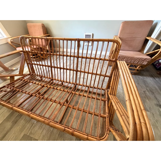 Mid 20th Century Vintage Six-Strand Square Pretzel Rattan Sofa + Pair of Lounge Chairs, Style of Paul Frankl For Sale - Image 5 of 14