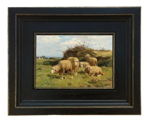 Sheep in Country Field Framed Oil Painting Reproduction Print on Canvas - 4" X 6"