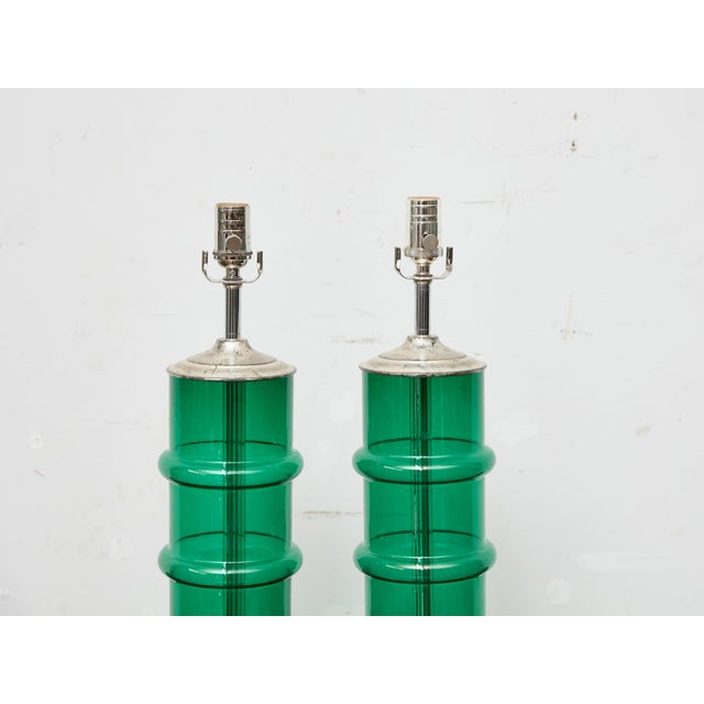 Mid-Century Modern Mid 20th Century Italian Midcentury Ribbed Green Glass Lamps with Silver Bases - Pair For Sale - Image 3 of 9