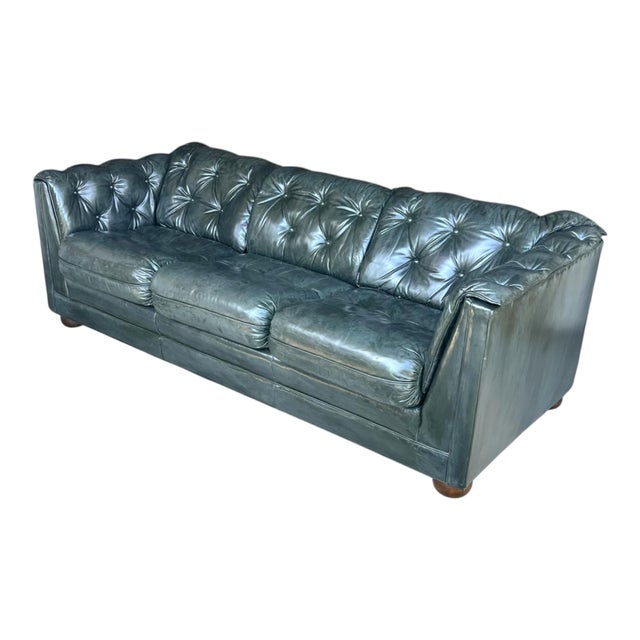 English Vintage Dark Green Leather English Club Sofa With Tufted Back & Rich Patina For Sale - Image 3 of 10
