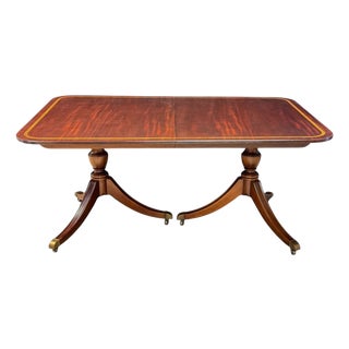 Baker Mahogany Two Pedestal Dining Table With 2 Leaves Satinwood Banding For Sale