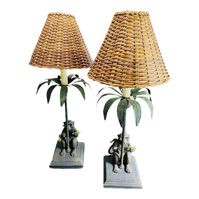 Vintage Italian Monkey Lamps With Tole Palm Trees & Wicker Shades - A Pair For Sale