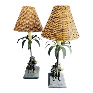 Vintage Italian Monkey Lamps With Tole Palm Trees & Wicker Shades - A Pair