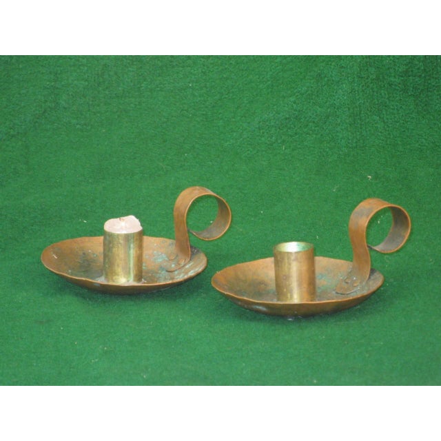 Early 20th Century Pair Arts & Crafts Copper Candle Holders, Hand Hammered For Sale - Image 4 of 9
