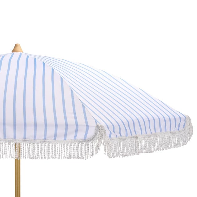 Modern Bella 6.5 Ft Beach Fringed Umbrella, Baby Blue Bistro Stripe For Sale - Image 3 of 8