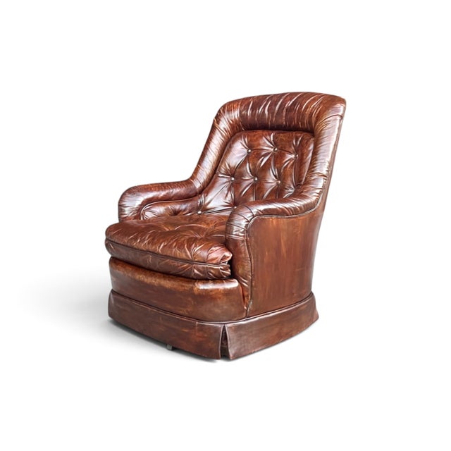 Drexel Heritage Vintage 1970s Drexel Heritage Brown Leather Button-Tufted Swivel-Tilt Lounge Chair For Sale - Image 4 of 16