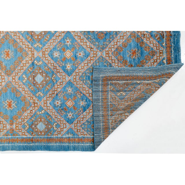 Moroccan Modern Moroccan Style Hand-Knotted Wool Area Rug in Sky Blue and Terracotta For Sale - Image 3 of 12