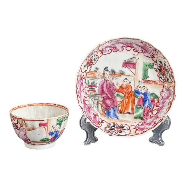 Antique Chinese Canton Famille Rose Porcelain Tea Bowl and Saucer, 18th Century, Set of 2 For Sale - Image 10 of 10