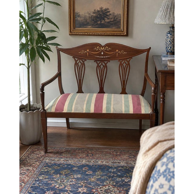 Antique Edwardian Settee With Wood and Mother-of-Pearl Inlay For Sale In New York - Image 6 of 8