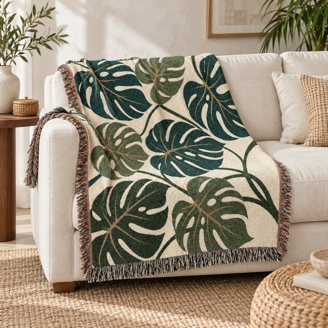 Monstera Leaf Botanical Woven Throw Blanket – 60 × 50 For Sale - Image 4 of 5