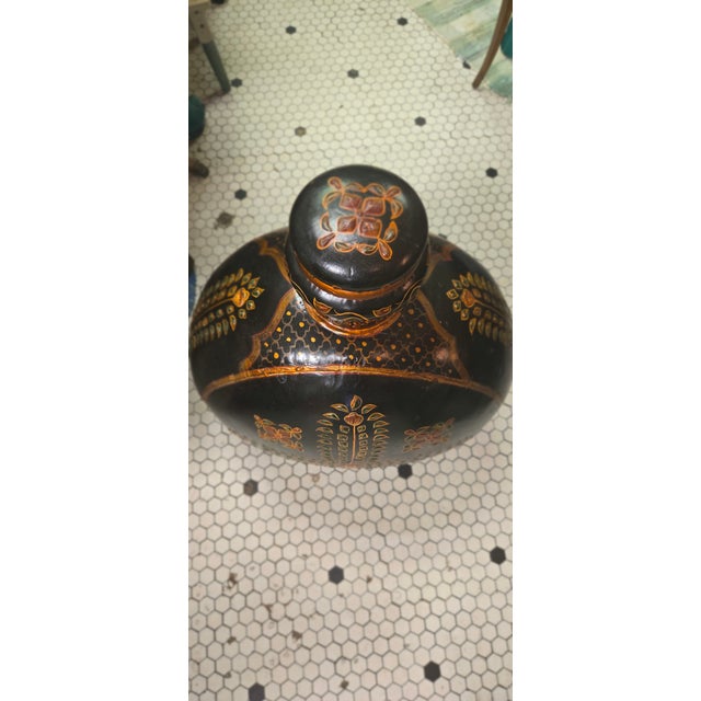 Vintage Hand-Painted Blackware Pottery Bottle Vase With Floral Folk Art Motif For Sale - Image 15 of 18