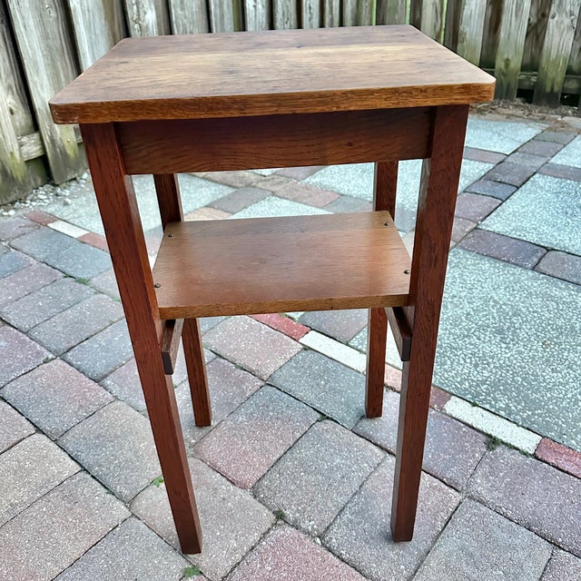 Farmhouse Vintage Oak Plant Stand or Side Table With Lower Shelf – Arts & Crafts Style For Sale - Image 3 of 10