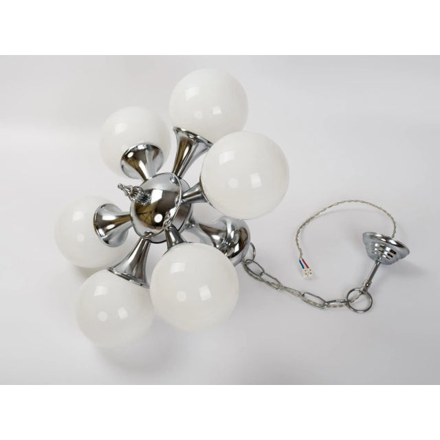 Chrome 1960s Nickel Plated Chandelier & Ball Opal Glass Globes For Sale - Image 8 of 11