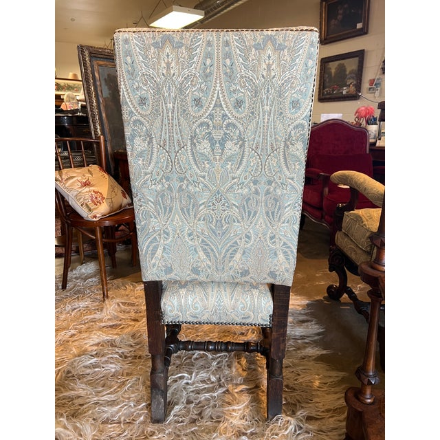 Early 20th Century Pair of William & Mary Style High Back Carved Chairs Newly Reupholstered For Sale In Los Angeles - Image 6 of 6