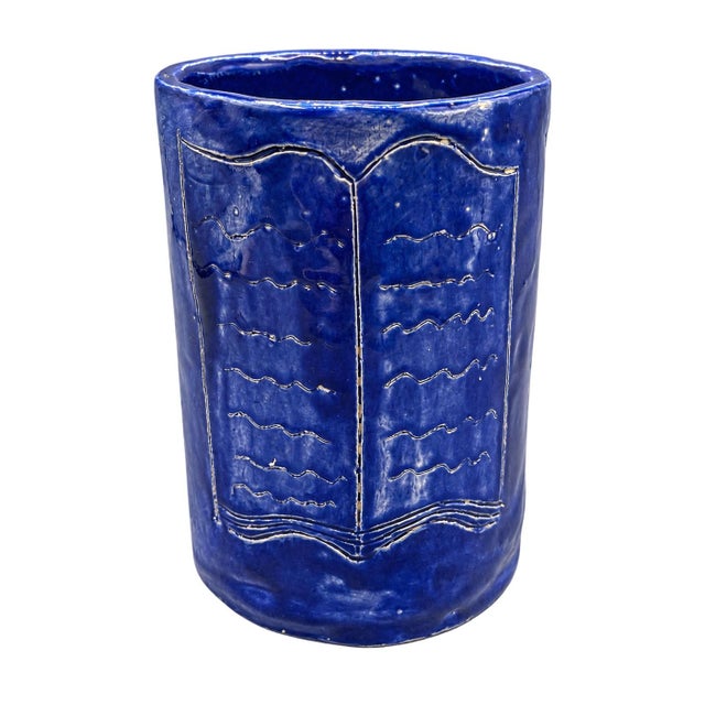 Mid-Century Modern 1996 Signed Studio Pottery Cobalt Blue Religious Symbolic Vessel For Sale - Image 3 of 7