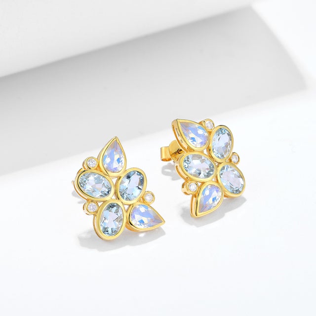Contemporary Nina Zhou Aquamarine Moonstone Diamond Cluster Earrings in 14k Yellow Gold - a Pair For Sale - Image 3 of 11