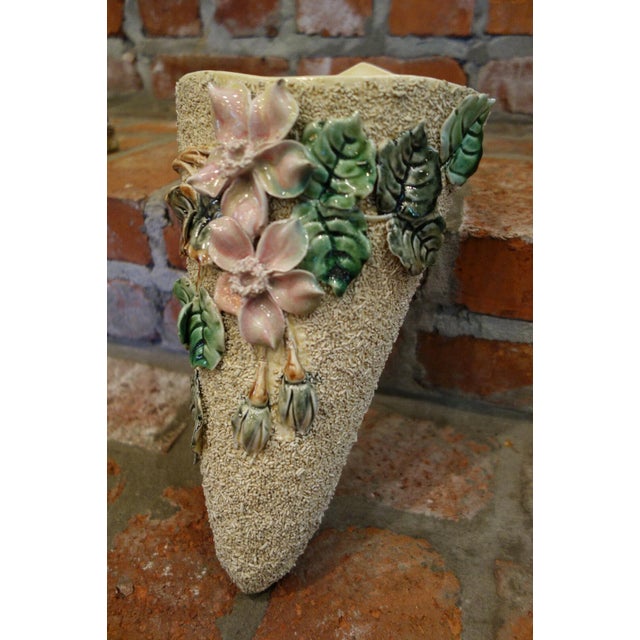 Beige Antique French Majolica Barbotine Wall Pocket Flower Vase 19th Century Confetti For Sale - Image 8 of 13