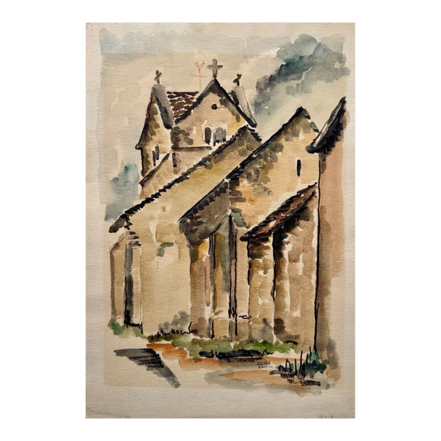 1940s Henry Emil Salloch Original Watercolor on Paper Old Country Chapel. For Sale