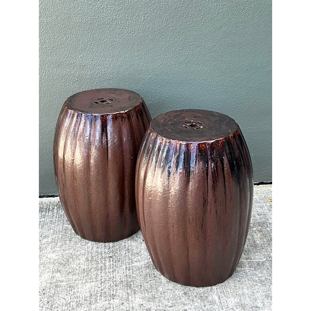 Vintage Glazed Ceramic Glazed Low Stools - A Pair For Sale In West Palm - Image 6 of 12