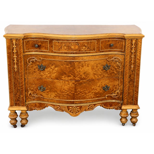 Antique Burl Wood Serpentine-Front Dresser With Floral Inlay and Carved Details For Sale In Tampa - Image 6 of 10