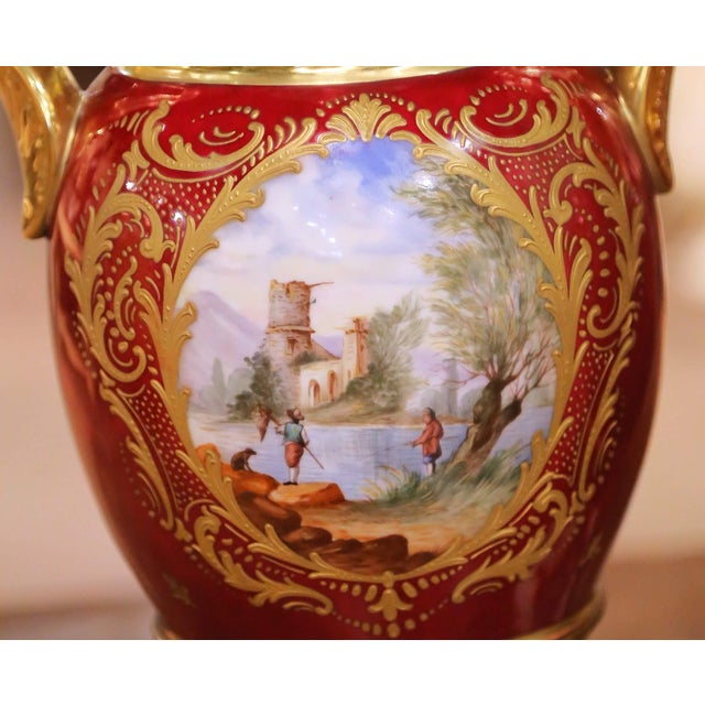 Late 19th Century Pair of 19th Century French Neoclassical Hand Painted “Porcelaine De Paris” Urns For Sale - Image 5 of 14