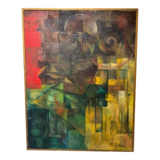 Mid-Century Modern Abstract Cubist Portrait – Original Oil Painting For Sale