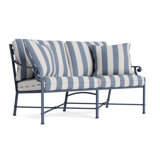 Brown Jordan Venetian Loveseat in Sapphire with Sapphire Stripe Cushions For Sale