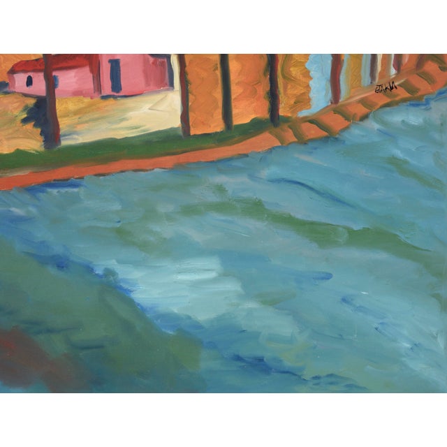 Belgian Barn by the River - Expressionist Landscape in Oil on Canvas Vibrant depiction of barn by a river by Gloria Takla...