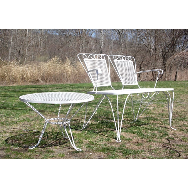 Vintage Mid Century Modern Wrought Iron Mesh 2 Piece Patio Settee