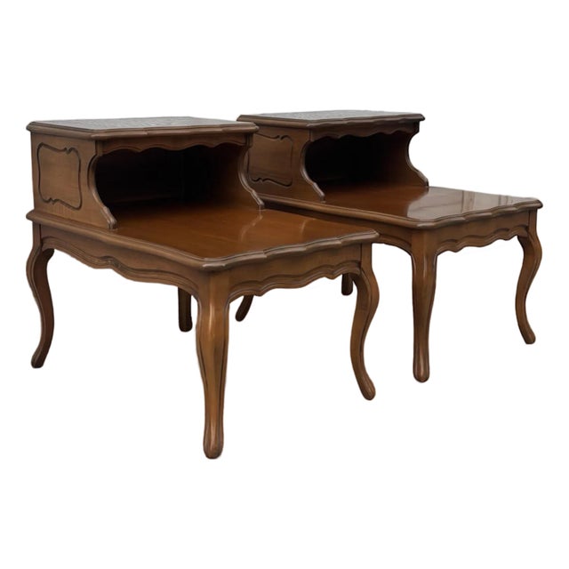 Matching Vintage French Provincial Step Tables, Mid Century Two Tier End Tables With Cabriole Legs, Maple Wood Nightstands, Matching Tables For Sale